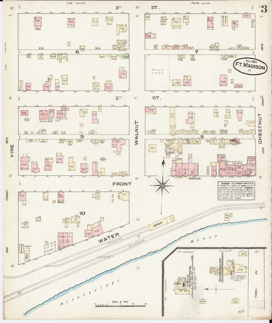 Sanborn Fire Insurance Map from Fort Madison, Lee County, Iowa (1884), Sheet #0003 - Historic Sanborn Fire Insurance Map Print, vintage old map wall art
