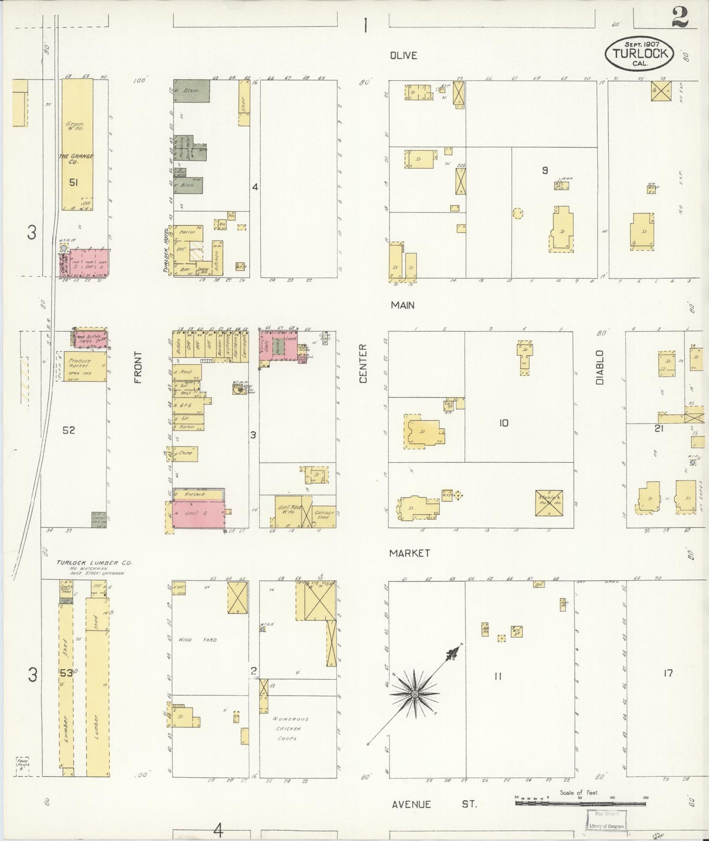 Sanborn Fire Insurance Map from Turlock, Stanislaus County, California (1907), Sheet #0002 - Complete Map Set gallery image, historic Sanborn map, vintage wall art, California California