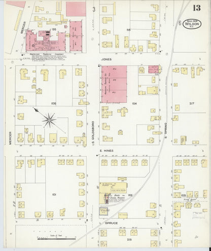 Sanborn Fire Insurance Map from Wilson, Wilson County, North Carolina (1908), Sheet #0013 - Historic Sanborn Fire Insurance Map Print, vintage old map wall art, antique decor, genealogy gift, North Carolina North Carolina map
