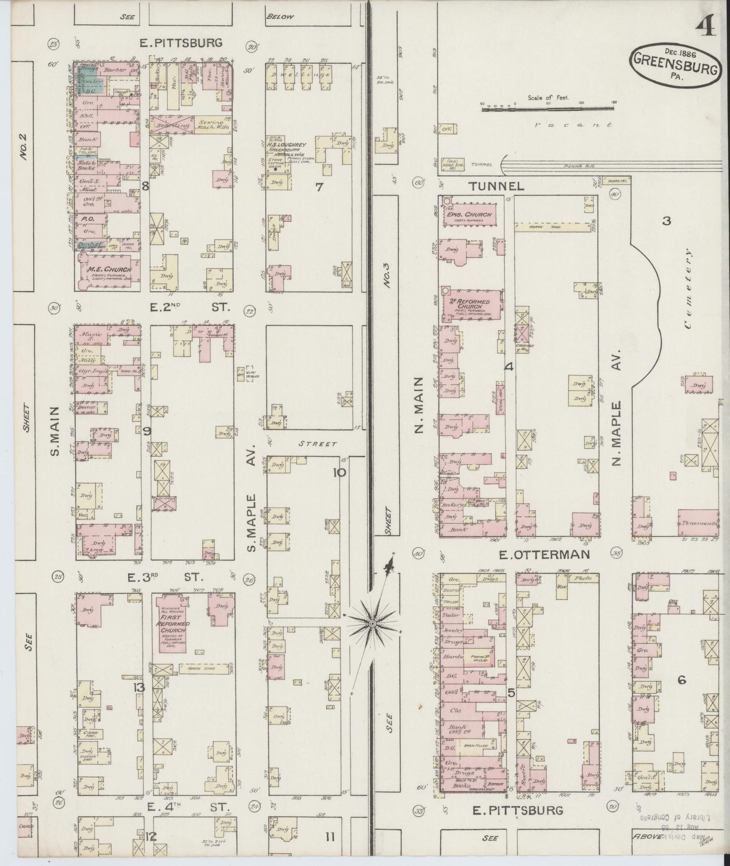 Sanborn Fire Insurance Map from Greensburg, Westmoreland County, Pennsylvania (1886), Sheet #0004 - Historic Sanborn Fire Insurance Map Print, vintage old map wall art, antique decor, genealogy gift, Pennsylvania Pennsylvania map