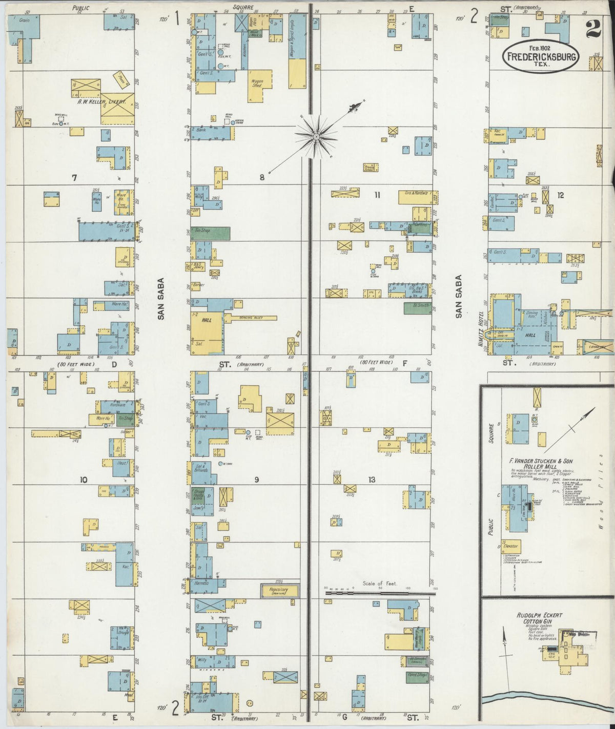 Sanborn Fire Insurance Map from Fredericksburg, Gillespie County, Texas (1902), Sheet #0002 - Complete Map Set gallery image, historic Sanborn map, vintage wall art, Texas Texas
