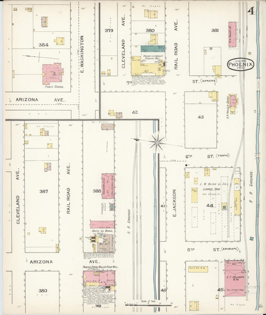 Sanborn Fire Insurance Map from Phoenix, Maricopa County, Arizona (1893), Sheet #0004 - Historic Sanborn Fire Insurance Map Print, vintage old map wall art, antique decor, genealogy gift, Arizona Arizona map