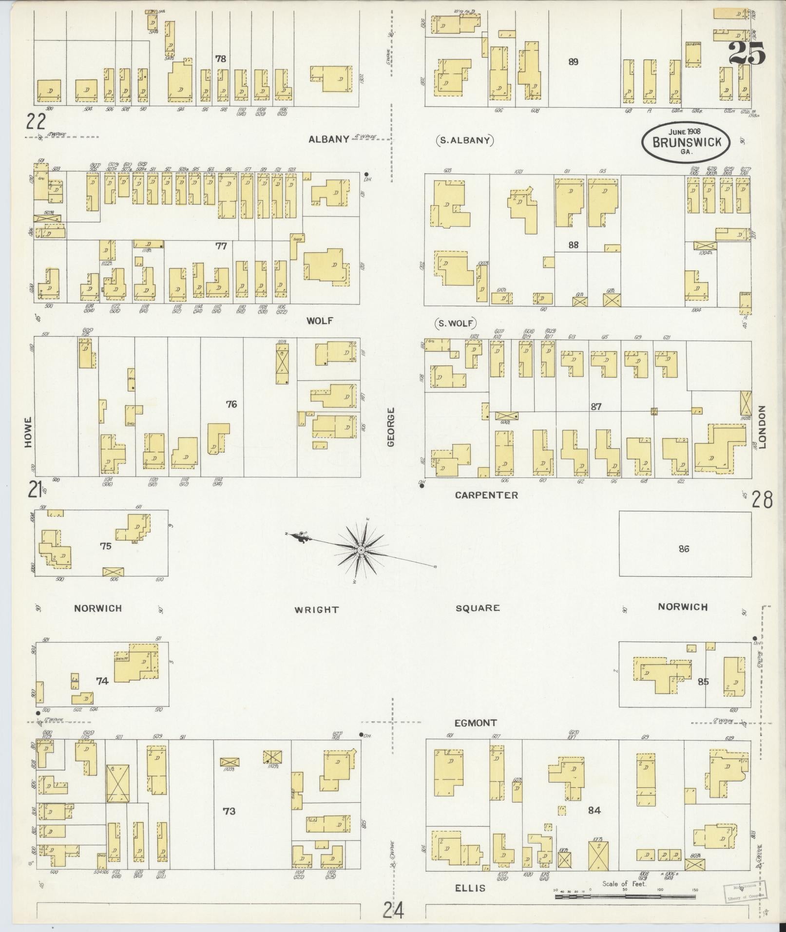 Sanborn Fire Insurance Map from Brunswick, Glynn County, Georgia (1908), Sheet #0025 - Historic Sanborn Fire Insurance Map Print, vintage old map wall art, antique decor, genealogy gift, Georgia Georgia map