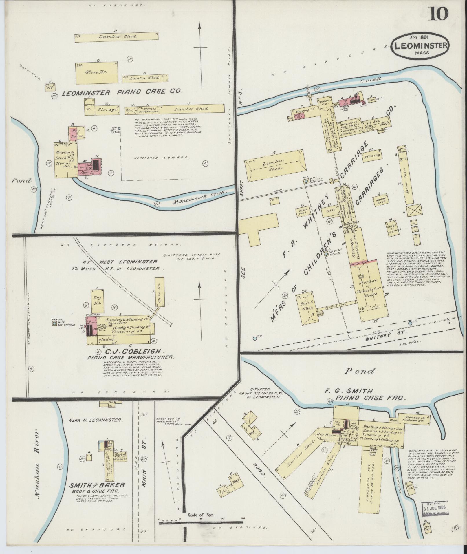 Sanborn Fire Insurance Map from Leominster, Worcester County, Massachusetts (1891), Sheet #0010 - Historic Sanborn Fire Insurance Map Print, vintage old map wall art, antique decor, genealogy gift, Massachusetts Massachusetts map