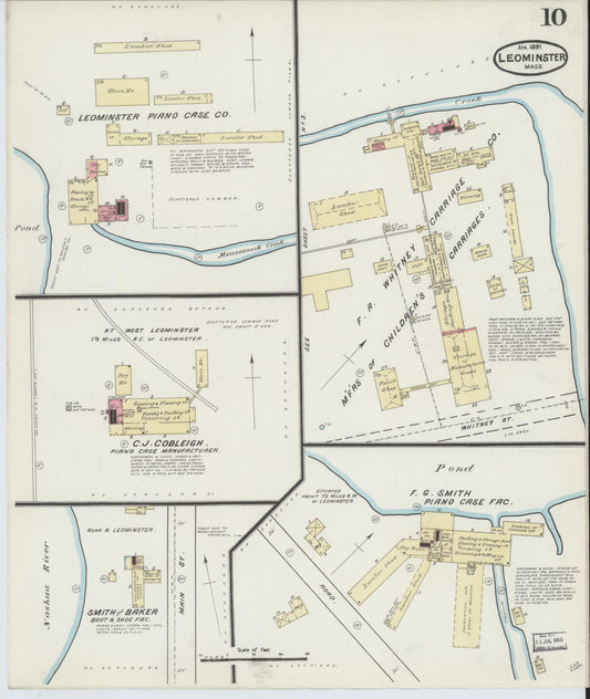 Sanborn Fire Insurance Map from Leominster, Worcester County, Massachusetts (1891), Sheet #0010 - Historic Sanborn Fire Insurance Map Print, vintage old map wall art, antique decor, genealogy gift, Massachusetts Massachusetts map