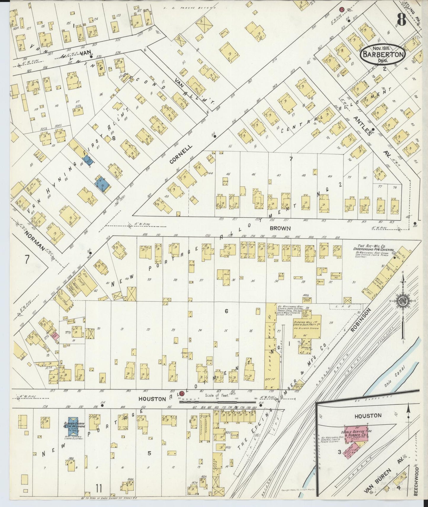 Sanborn Fire Insurance Map from Barberton, Summit County, Ohio (1916), Sheet #0008 - Historic Sanborn Fire Insurance Map Print, vintage old map wall art, antique decor, genealogy gift, Ohio Ohio map