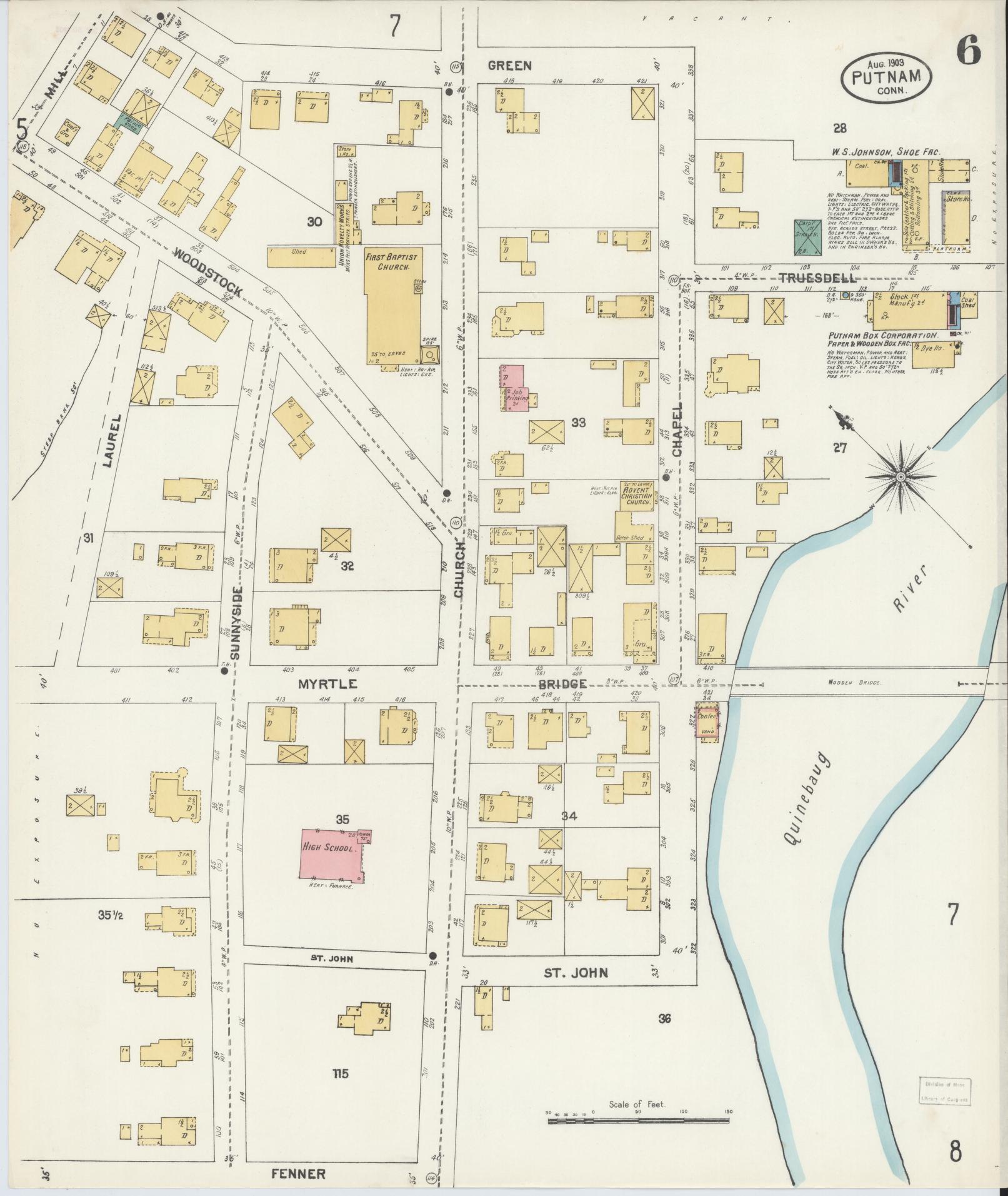 Sanborn Fire Insurance Map from Putnam, Windham County, Connecticut (1903), Sheet #0006 - Complete Map Set gallery image, historic Sanborn map, vintage wall art, Connecticut Connecticut