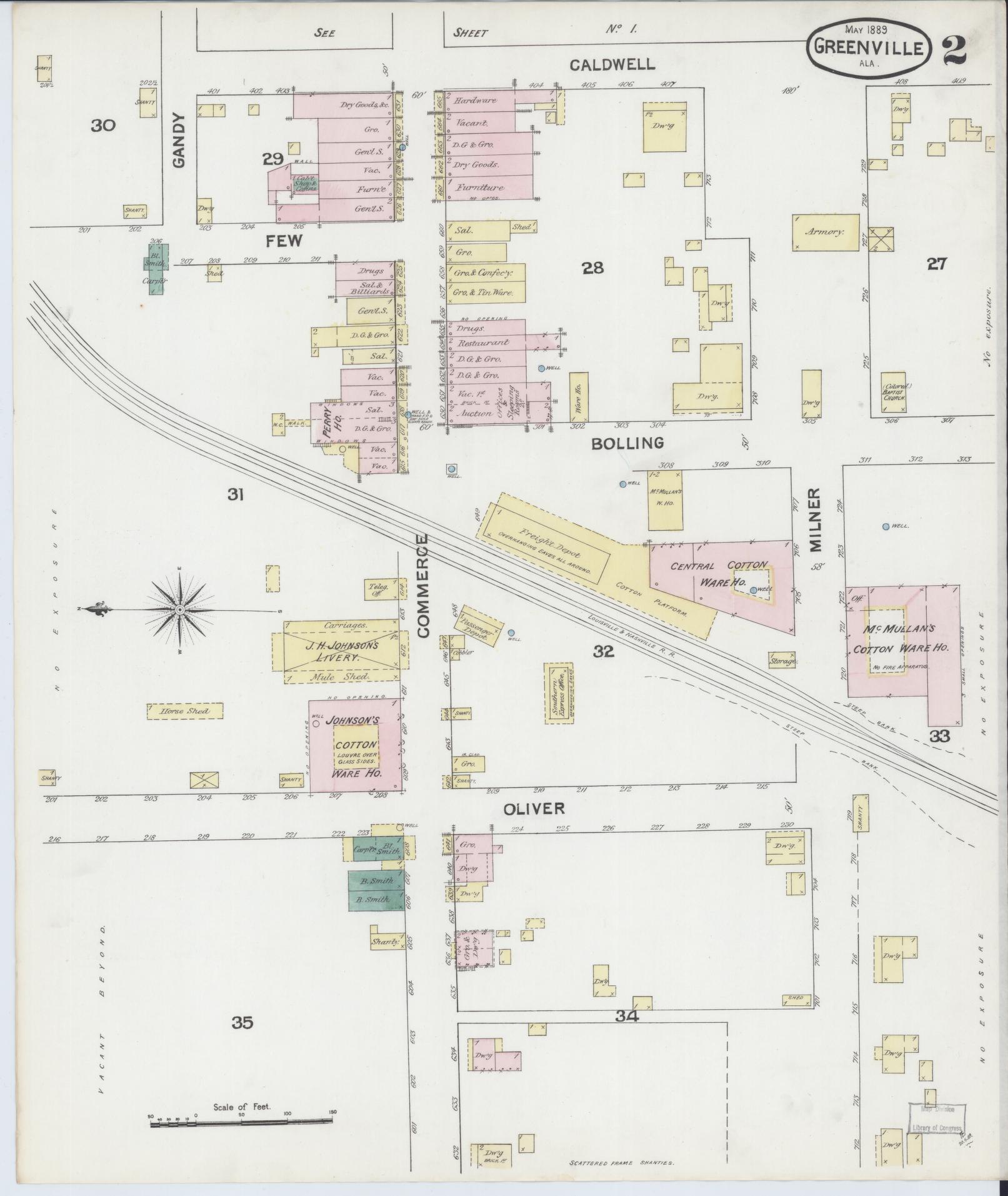 Sanborn Fire Insurance Map from Greenville, Butler County, Alabama (1889), Sheet #0002 - Historic Sanborn Fire Insurance Map Print, vintage old map wall art, antique decor, genealogy gift, Alabama Alabama map