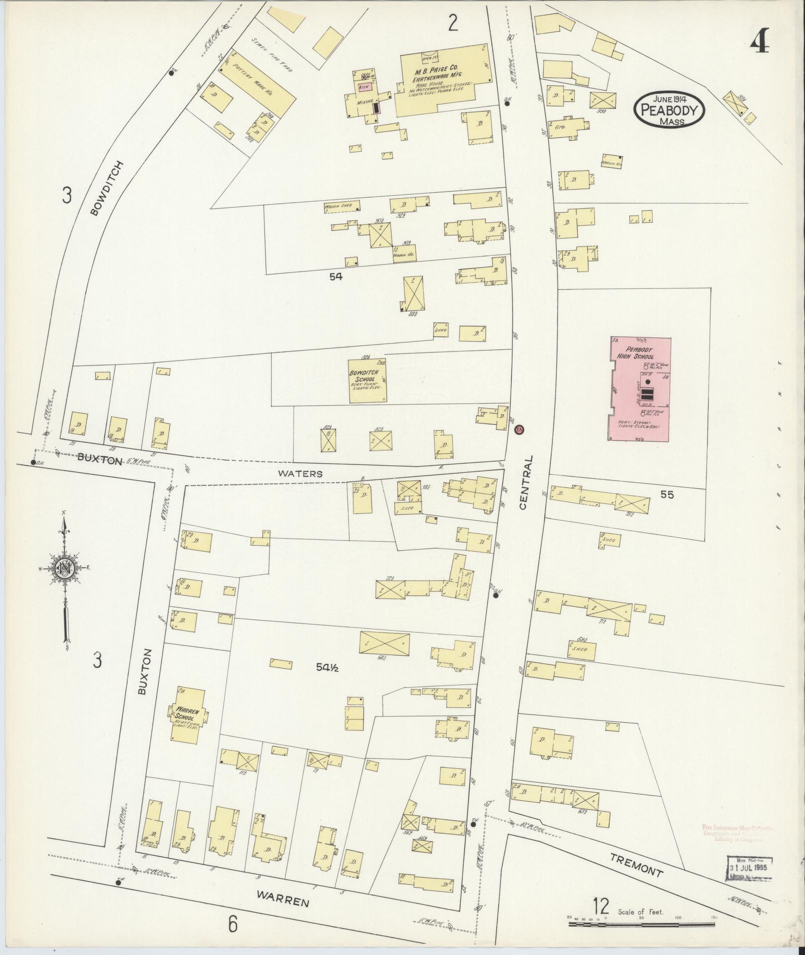 Sanborn Fire Insurance Map from Peabody, Essex County, Massachusetts (1914), Sheet #0004 - Historic Sanborn Fire Insurance Map Print, vintage old map wall art, antique decor, genealogy gift, Massachusetts Massachusetts map