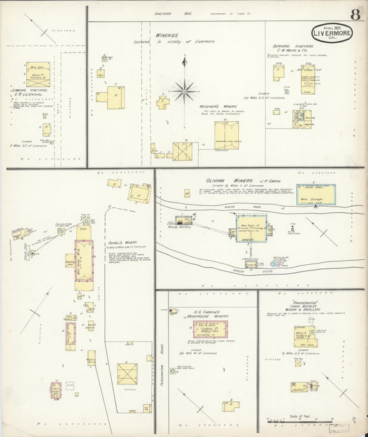 Sanborn Fire Insurance Map from Livermore, Alameda County, California (1893), Sheet #0008 - Historic Sanborn Fire Insurance Map Print, vintage old map wall art, antique decor, genealogy gift, California California map