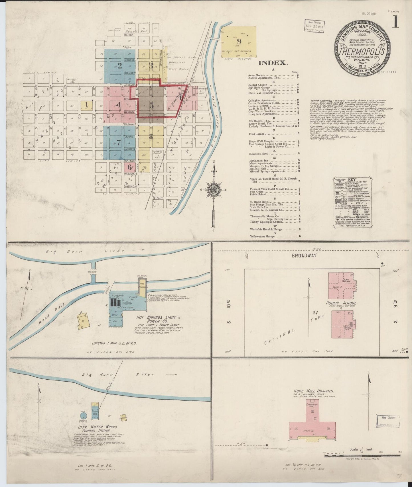 Sanborn Fire Insurance Map from Thermopolis, Hot Springs County, Wyoming (1918), Sheet #0001 - Historic Sanborn Fire Insurance Map Print, vintage old map wall art, antique decor, genealogy gift, Wyoming Wyoming map