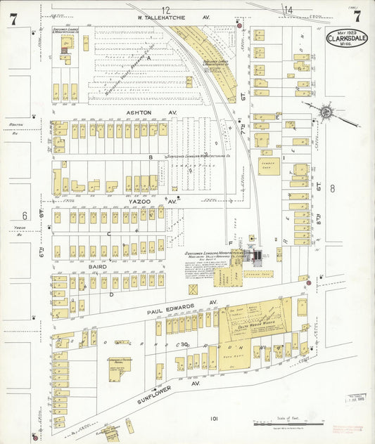 Sanborn Fire Insurance Map from Clarksdale, Coahoma County, Mississippi (1923), Sheet #0007 - Historic Sanborn Fire Insurance Map Print, vintage old map wall art, antique decor, genealogy gift, Mississippi Mississippi map