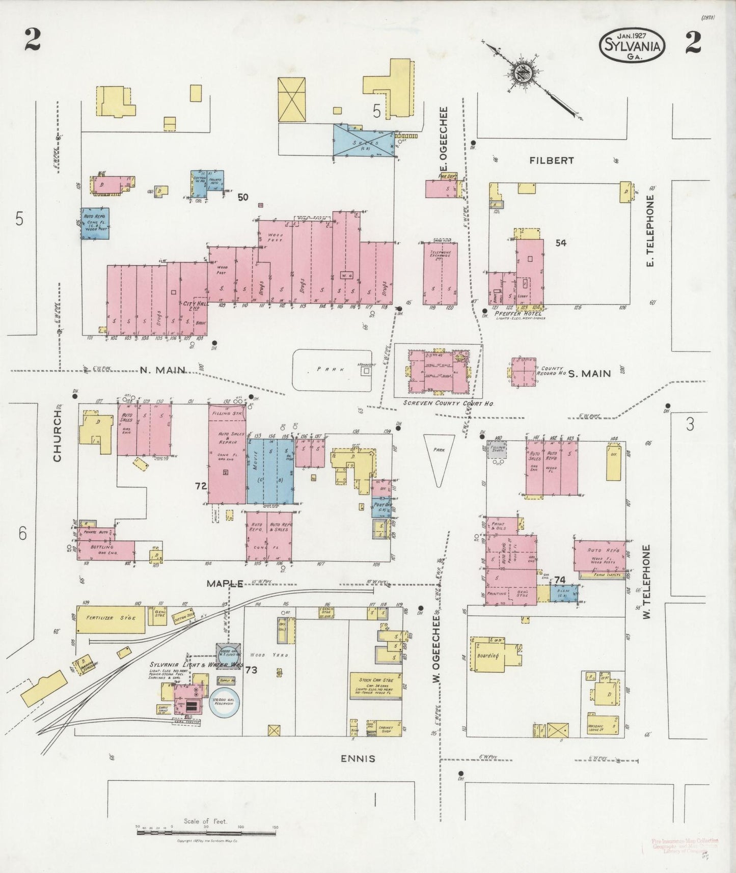 Sanborn Fire Insurance Map from Sylvania, Screven County, Georgia (1927), Sheet #0002 - Historic Sanborn Fire Insurance Map Print, vintage old map wall art, antique decor, genealogy gift, Georgia Georgia map
