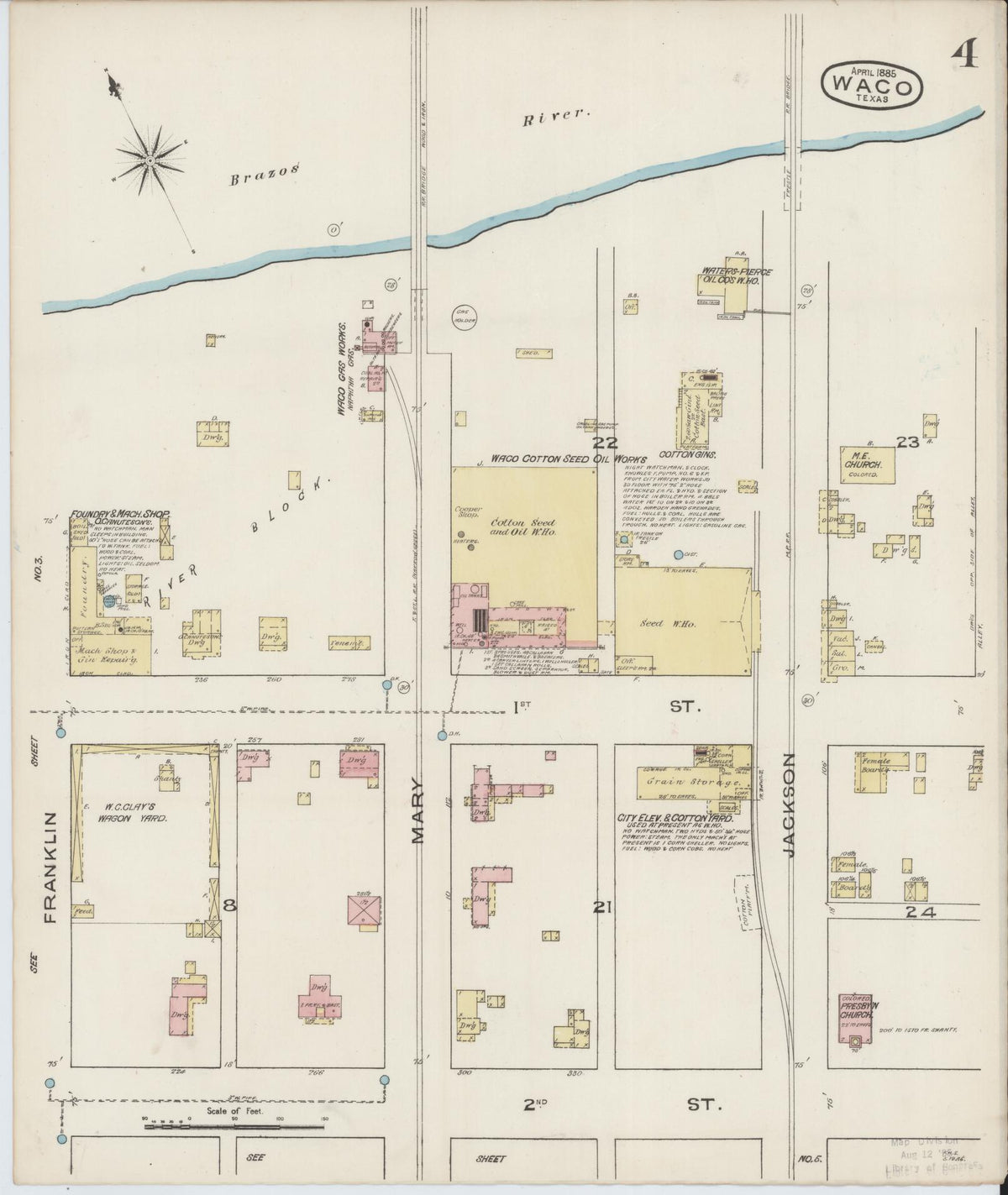 Sanborn Fire Insurance Map from Waco, McLennan County, Texas (1885), Sheet #0004 - Historic Sanborn Fire Insurance Map Print, vintage old map wall art, antique decor, genealogy gift, Texas Texas map