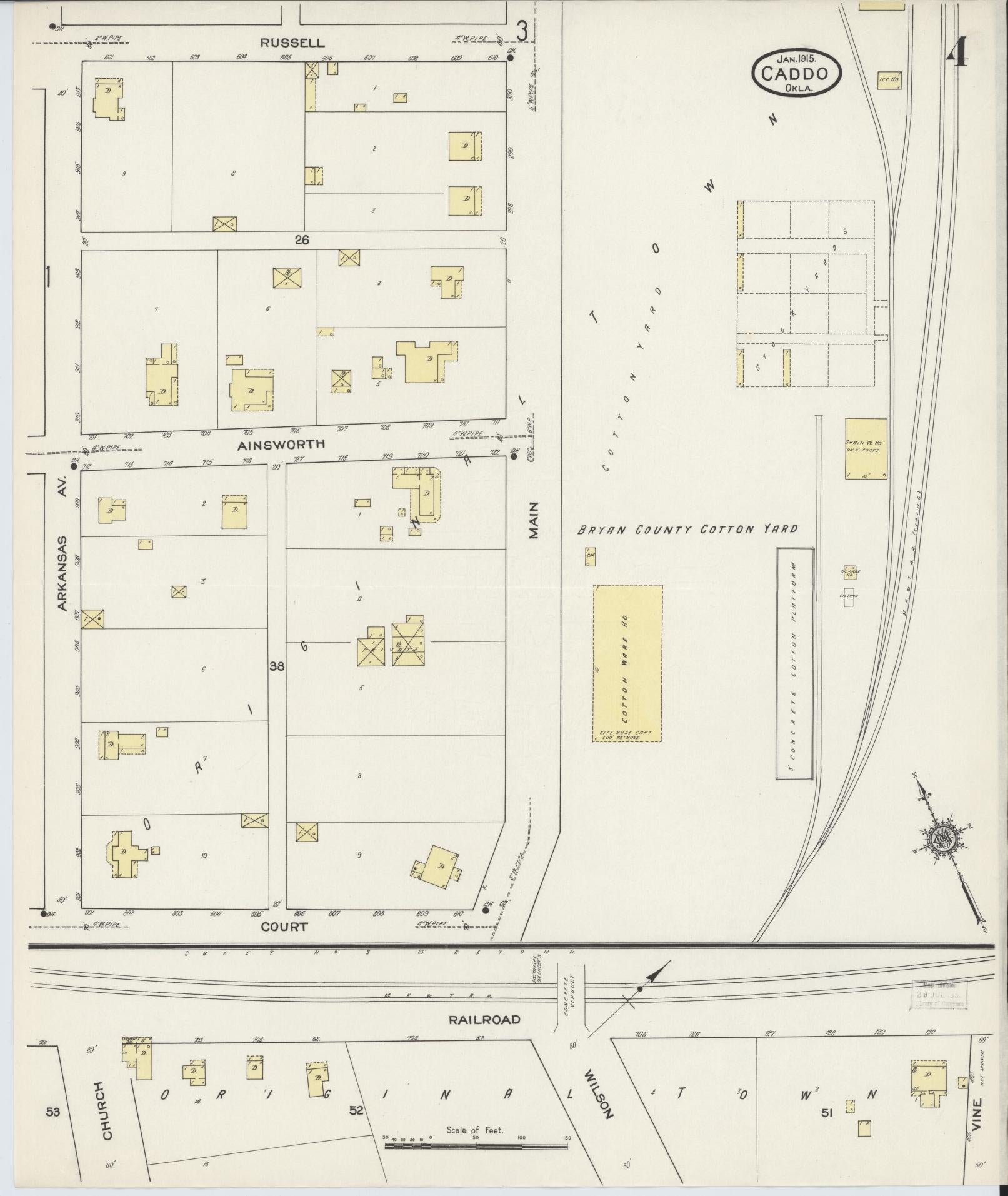 Sanborn Fire Insurance Map from Caddo, Bryan County, Oklahoma (1915), Sheet #0004 - Historic Sanborn Fire Insurance Map Print, vintage old map wall art, antique decor, genealogy gift, Oklahoma Oklahoma map