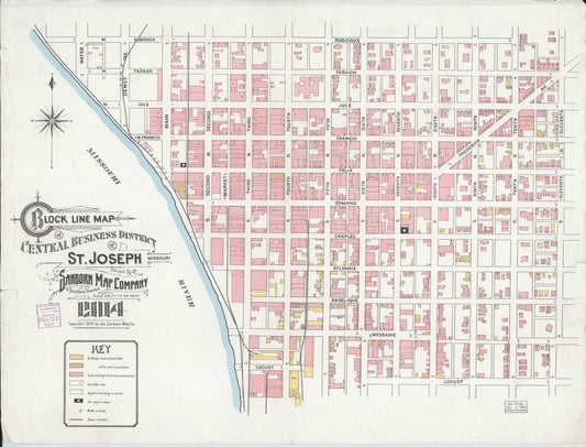 Sanborn Fire Insurance Map from Saint Joseph, Buchanan County, Missouri (1904), Sheet #0001 - Historic Sanborn Fire Insurance Map Print, vintage old map wall art, antique decor, genealogy gift, Missouri Missouri map
