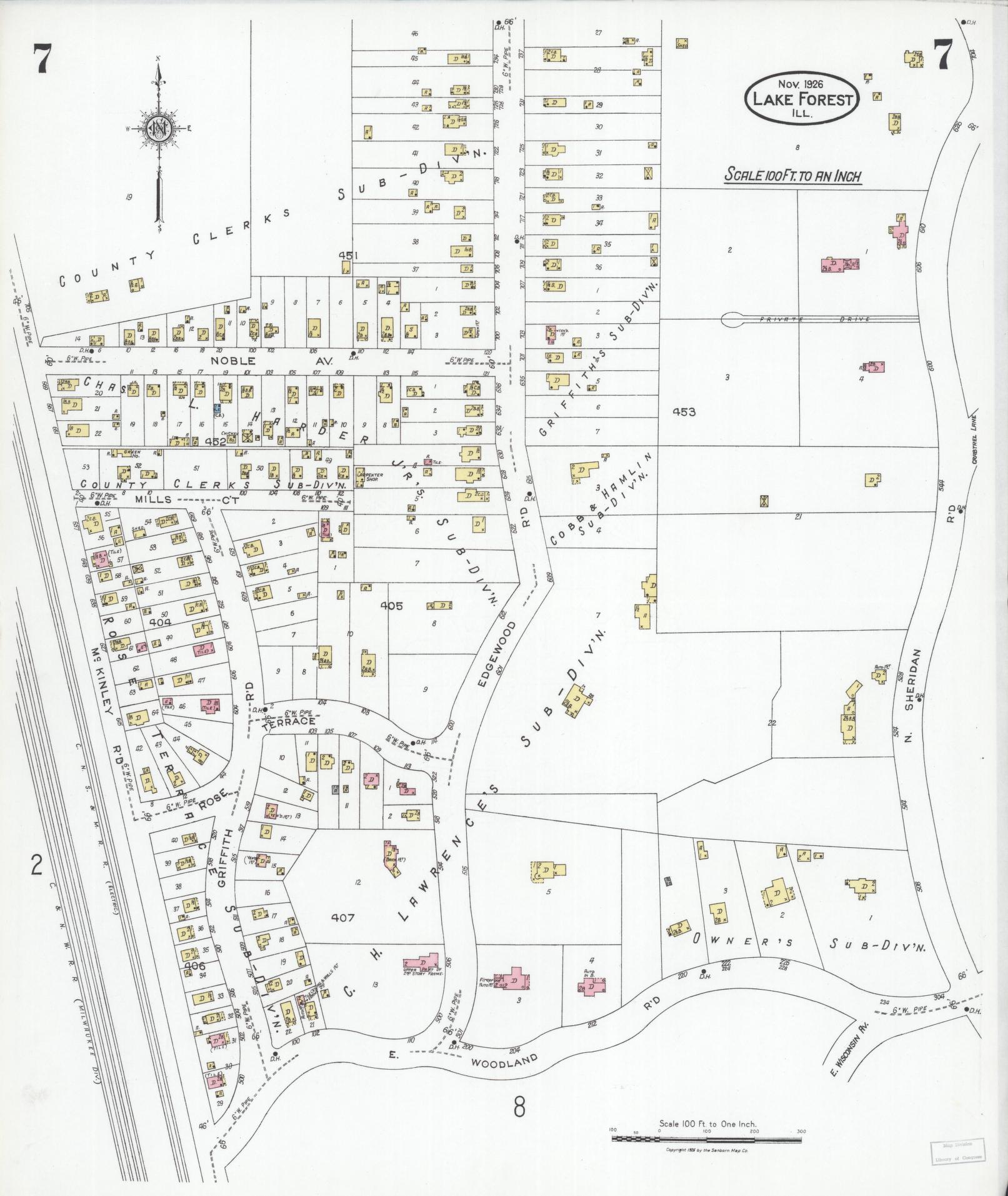 Sanborn Fire Insurance Map from Lake Forest, Lake County, Illinois (1926), Sheet #0007 - Complete Map Set gallery image, historic Sanborn map, vintage wall art, Illinois Illinois
