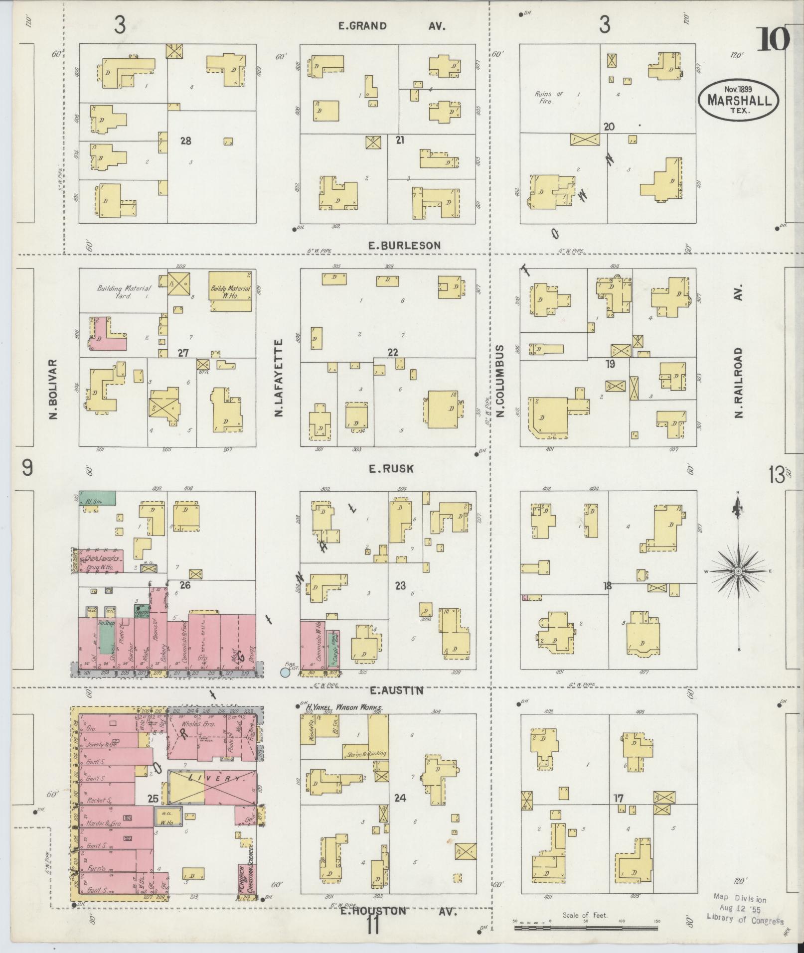 Sanborn Fire Insurance Map from Marshall, Harrison County, Texas (1899), Sheet #0010 - Complete Map Set gallery image, historic Sanborn map, vintage wall art, Texas Texas