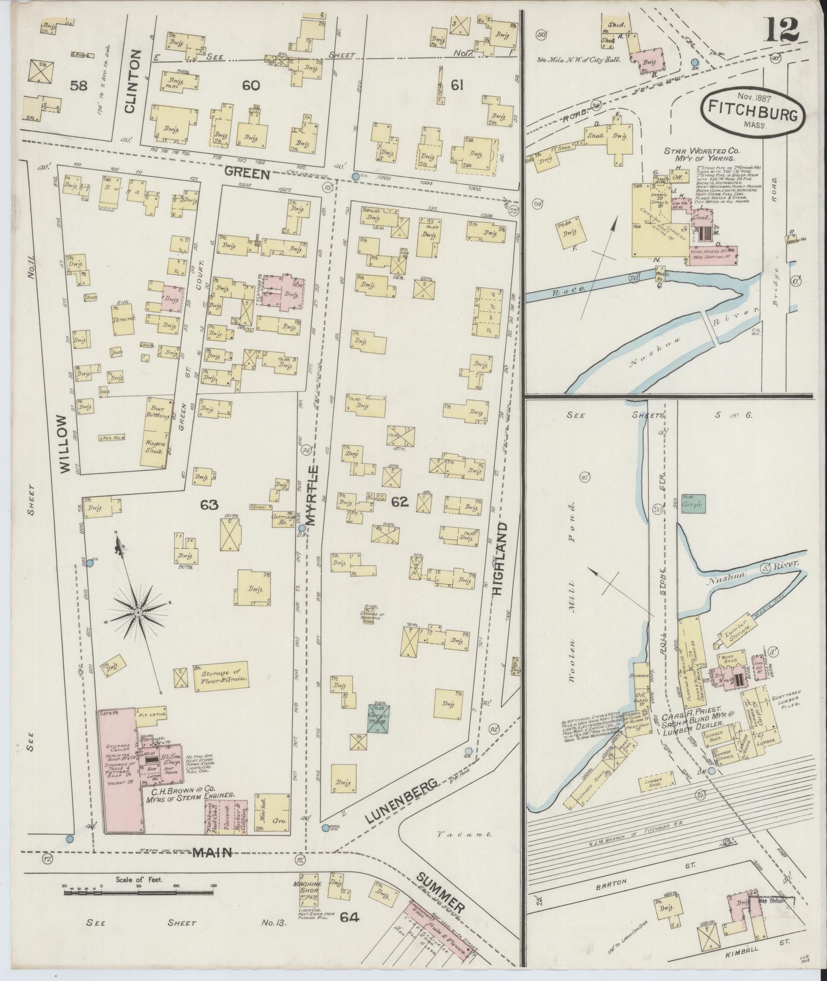 Sanborn Fire Insurance Map from Fitchburg, Worcester County, Massachusetts (1887), Sheet #0012 - Complete Map Set gallery image, historic Sanborn map, vintage wall art, Massachusetts Massachusetts