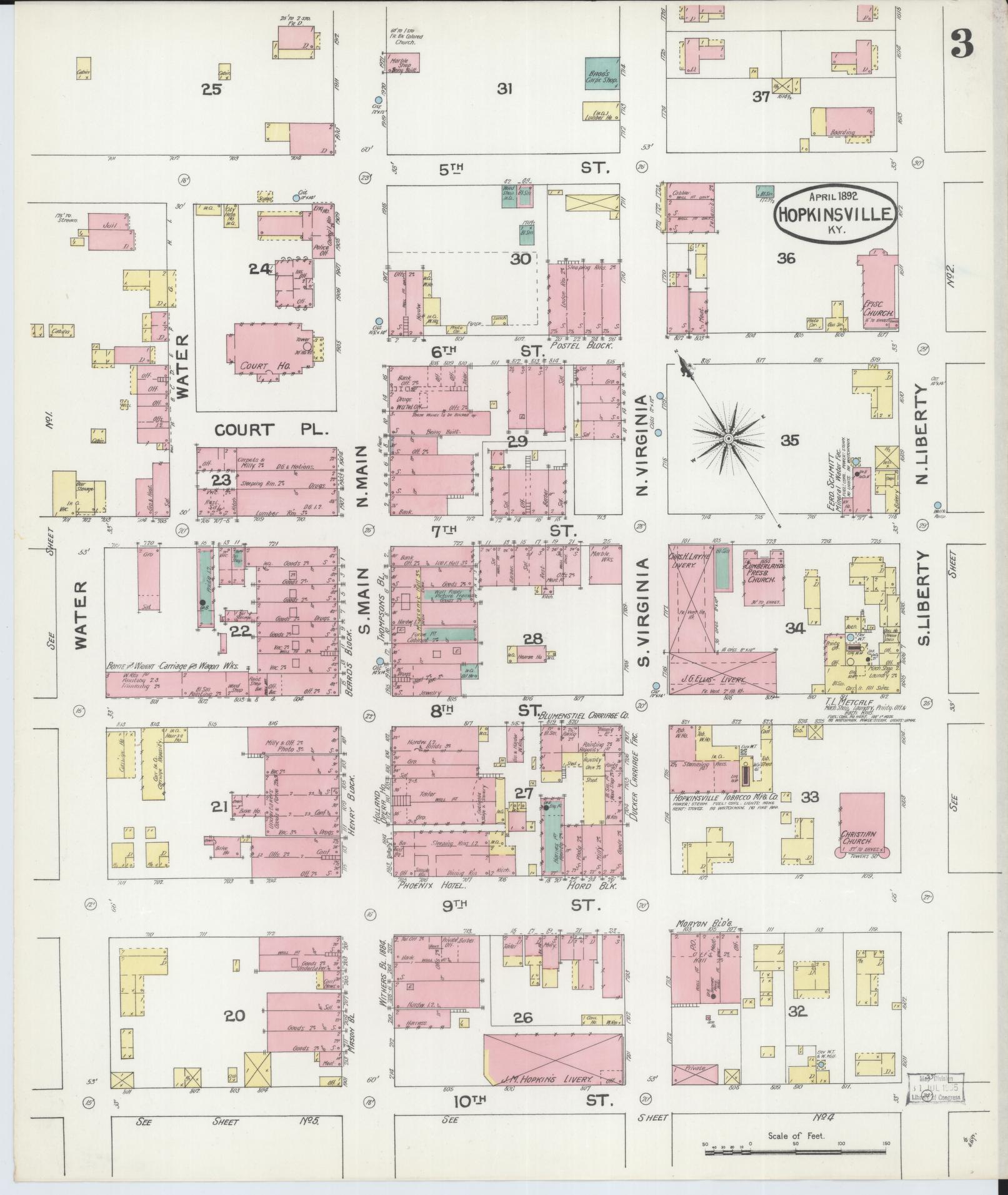 Sanborn Fire Insurance Map from Hopkinsville, Christian County, Kentucky (1892), Sheet #0003 - Complete Map Set gallery image, historic Sanborn map, vintage wall art, Kentucky Kentucky