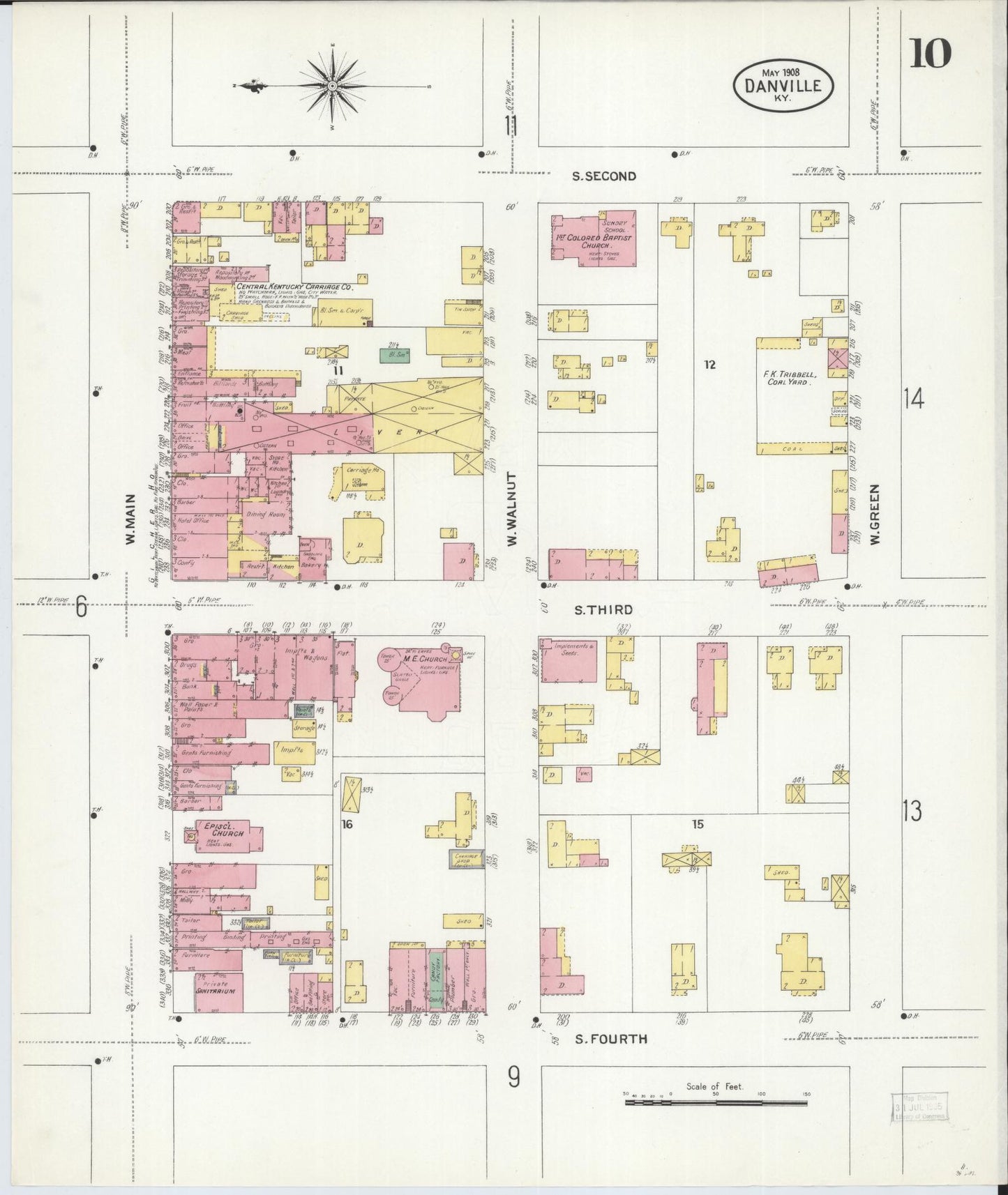 Sanborn Fire Insurance Map from Danville, Boyle County, Kentucky (1908), Sheet #0010 - Historic Sanborn Fire Insurance Map Print, vintage old map wall art, antique decor, genealogy gift, Kentucky Kentucky map