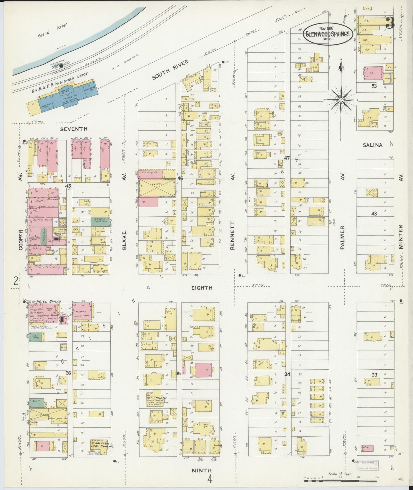 Sanborn Fire Insurance Map from Glenwood Springs, Garfield County, Colorado (1907), Sheet #0003 - Complete Map Set gallery image, historic Sanborn map, vintage wall art, Colorado Colorado
