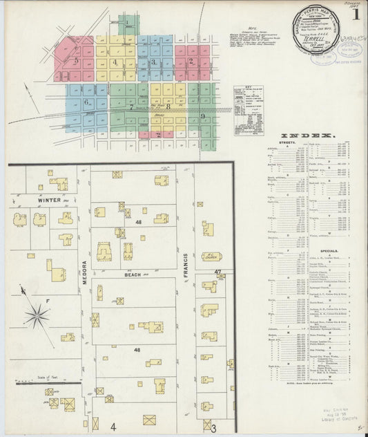 Sanborn Fire Insurance Map from Terrell, Kaufman County, Texas (1897), Sheet #0001 - Historic Sanborn Fire Insurance Map Print, vintage old map wall art, antique decor, genealogy gift, Texas Texas map