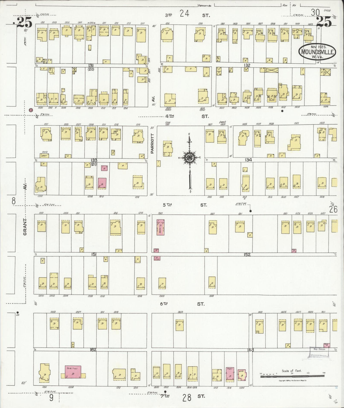 Sanborn Fire Insurance Map from Moundsville, Marshall County, West Virginia (1923), Sheet #0025 - Complete Map Set gallery image, historic Sanborn map, vintage wall art, West Virginia West Virginia