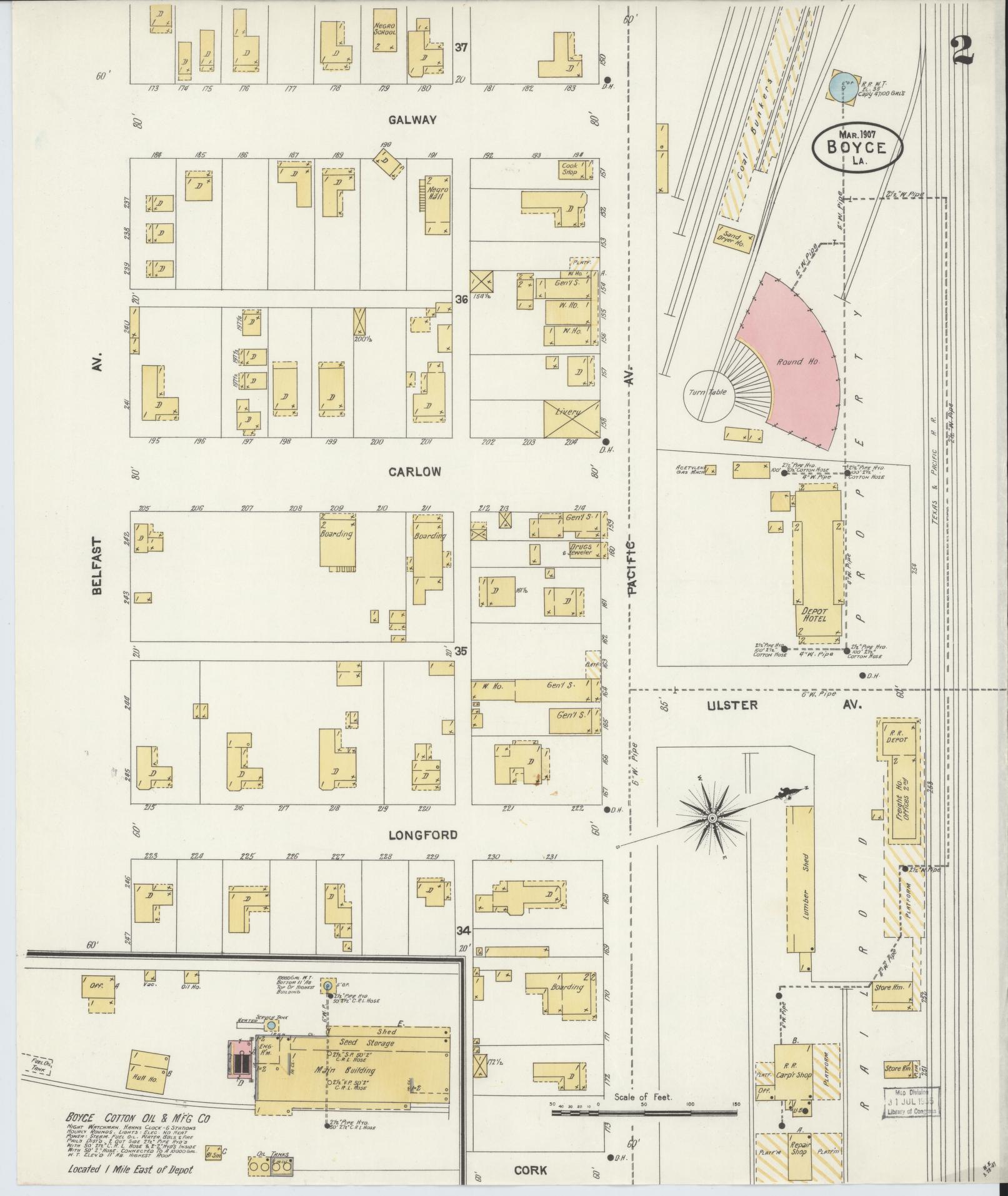Sanborn Fire Insurance Map from Boyce, Rapides Parish, Louisiana (1907), Sheet #0002 - Historic Sanborn Fire Insurance Map Print, vintage old map wall art, antique decor, genealogy gift, Louisiana Louisiana map