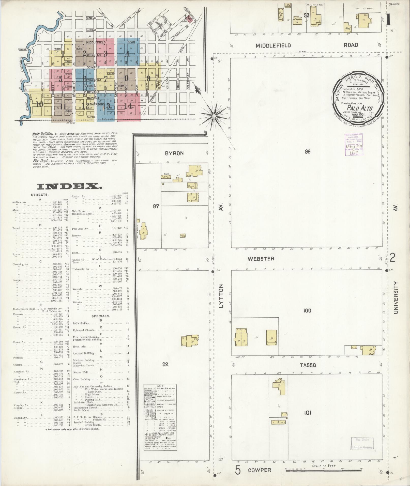 Sanborn Fire Insurance Map from Palo Alto, Santa Clara County, California (1901), Sheet #0001 - Complete Map Set gallery image, historic Sanborn map, vintage wall art, California California
