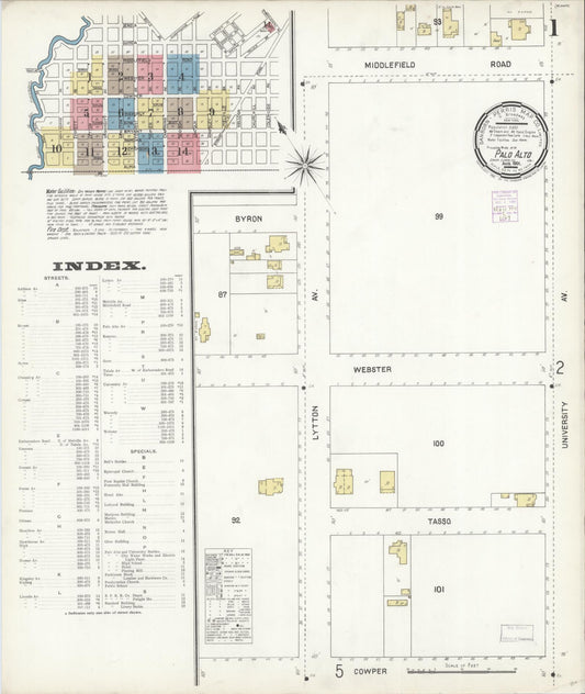 Sanborn Fire Insurance Map from Palo Alto, Santa Clara County, California (1901), Sheet #0001 - Complete Map Set gallery image, historic Sanborn map, vintage wall art, California California