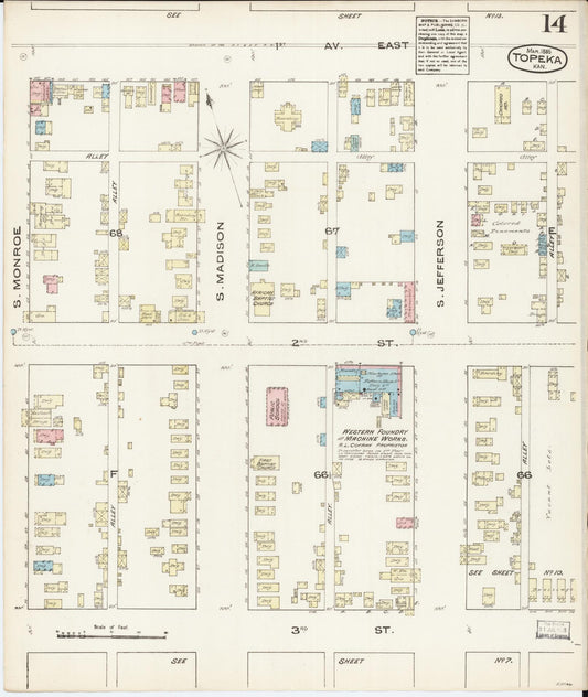 Sanborn Fire Insurance Map from Topeka, Shawnee County, Kansas (1885), Sheet #0014 - Historic Sanborn Fire Insurance Map Print, vintage old map wall art, antique decor, genealogy gift, Kansas Kansas map