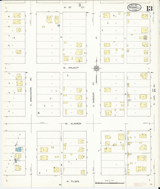 Sanborn Fire Insurance Map from Roswell, Chaves County, New Mexico (1913), Sheet #0013 - Historic Sanborn Fire Insurance Map Print, vintage old map wall art, antique decor, genealogy gift, New Mexico New Mexico map