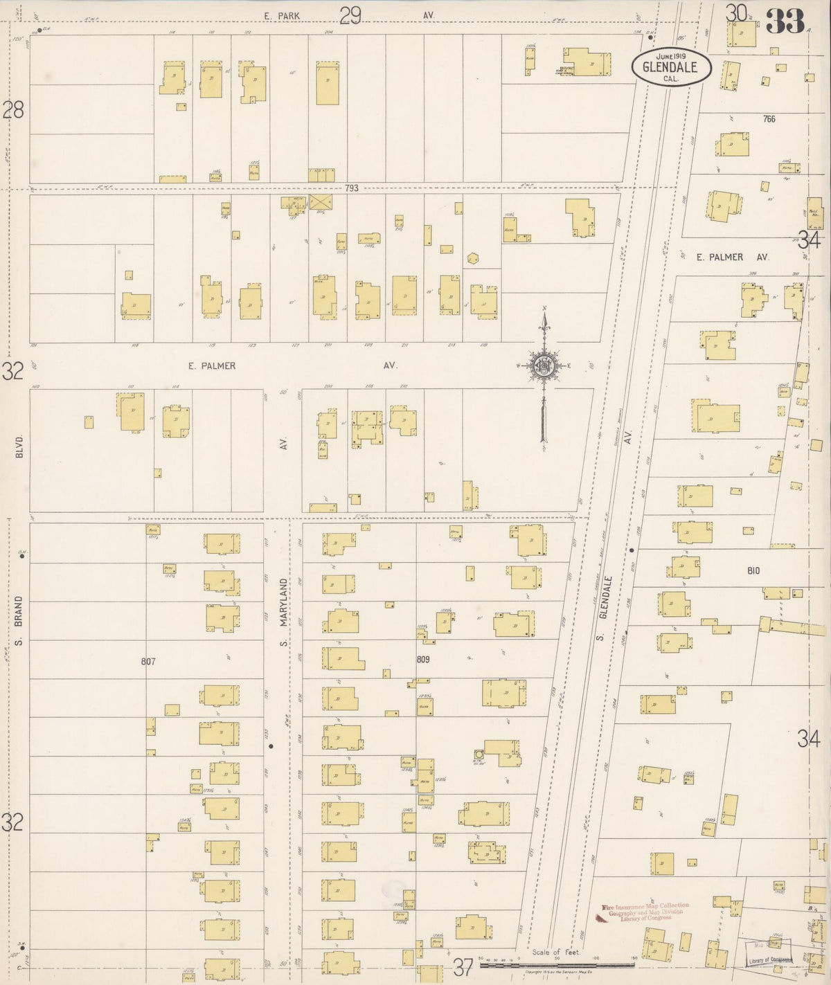 Sanborn Fire Insurance Map from Glendale, Los Angeles County, California (1919), Sheet #0033 - Complete Map Set gallery image, historic Sanborn map, vintage wall art, California California