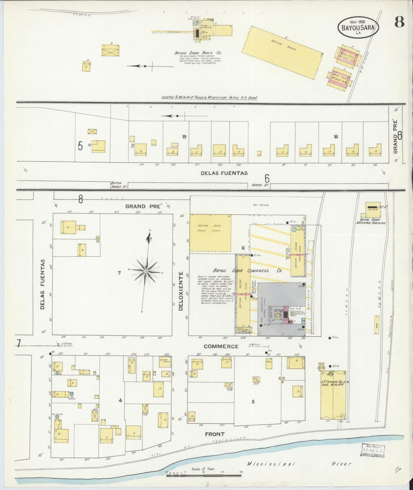 Sanborn Fire Insurance Map from Bayou Sara, West Feliciana Parish, Louisiana (1909), Sheet #0008 - Historic Sanborn Fire Insurance Map Print, vintage old map wall art, antique decor, genealogy gift, Louisiana Louisiana map