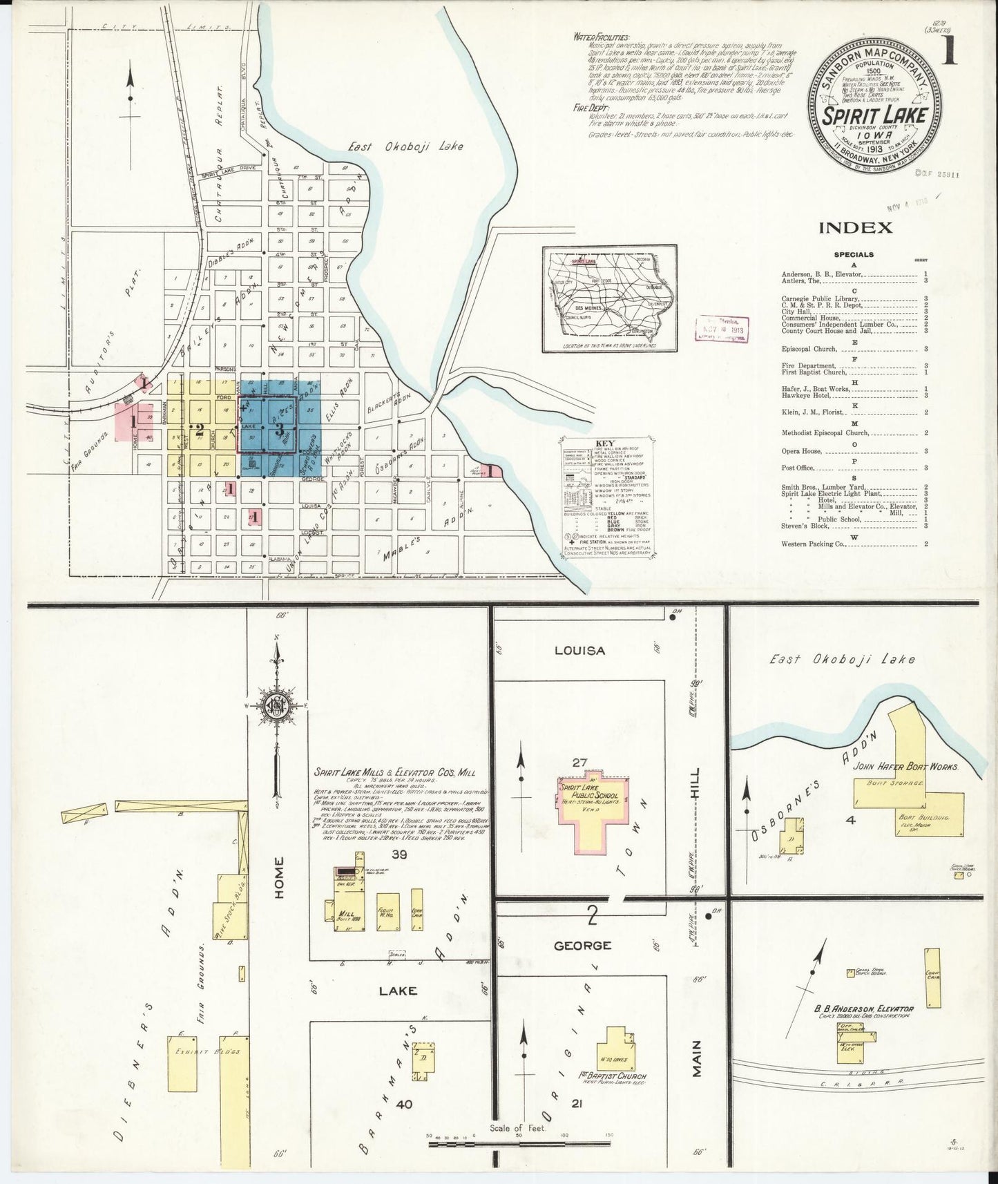 Sanborn Fire Insurance Map from Spirit Lake, Dickinson County, Iowa (1913), Sheet #0001 - Historic Sanborn Fire Insurance Map Print, vintage old map wall art