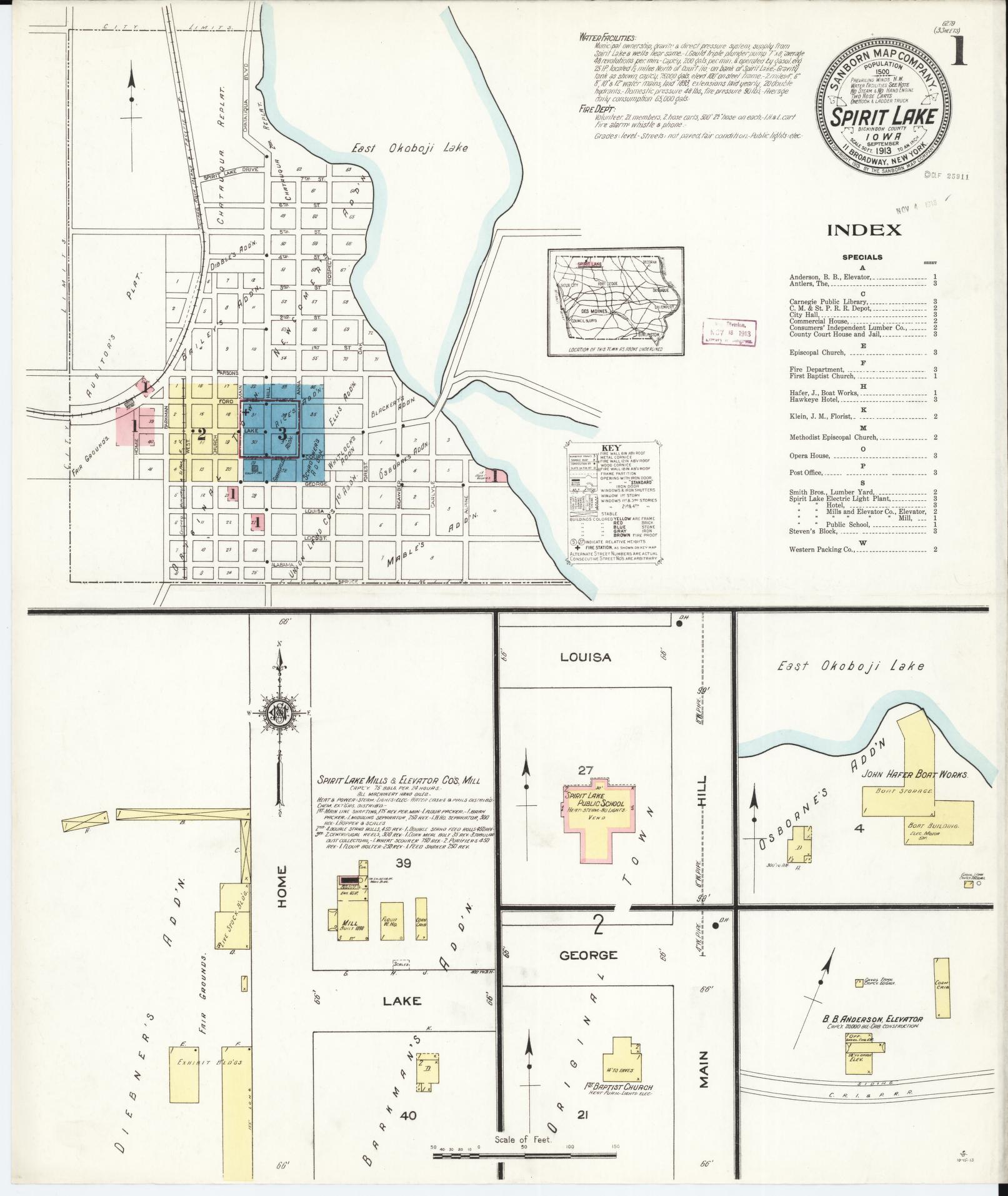 Sanborn Fire Insurance Map from Spirit Lake, Dickinson County, Iowa (1913), Sheet #0001 - Historic Sanborn Fire Insurance Map Print, vintage old map wall art
