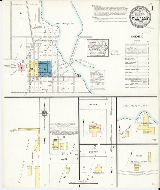 Sanborn Fire Insurance Map from Spirit Lake, Dickinson County, Iowa (1913), Sheet #0001 - Historic Sanborn Fire Insurance Map Print, vintage old map wall art