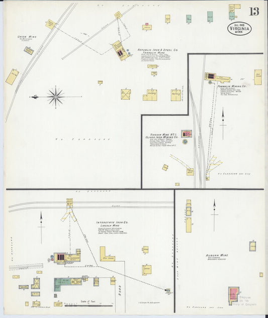 Sanborn Fire Insurance Map from Virginia, Saint Louis County, Minnesota (1908), Sheet #0013 - Historic Sanborn Fire Insurance Map Print, vintage old map wall art, antique decor, genealogy gift, Minnesota Minnesota map