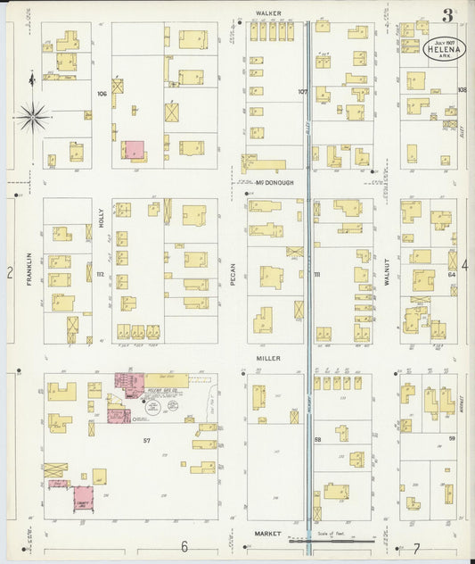 Sanborn Fire Insurance Map from Helena, Phillips County, Arkansas (1907), Sheet #0003 - Historic Sanborn Fire Insurance Map Print, vintage old map wall art, antique decor, genealogy gift, Arkansas Arkansas map