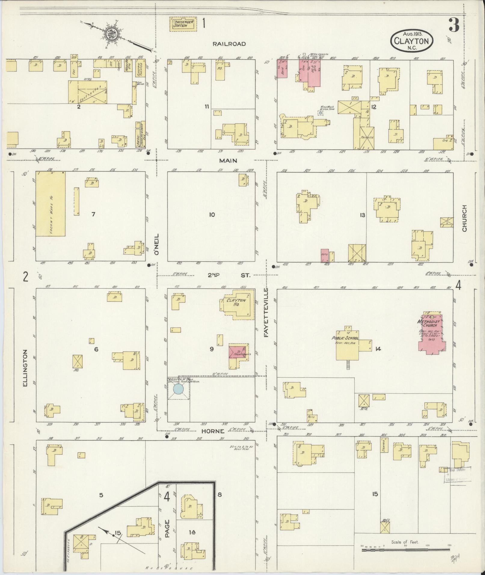 Sanborn Fire Insurance Map from Clayton, Johnston County, North Carolina (1913), Sheet #0003 - Historic Sanborn Fire Insurance Map Print, vintage old map wall art, antique decor, genealogy gift, North Carolina North Carolina map