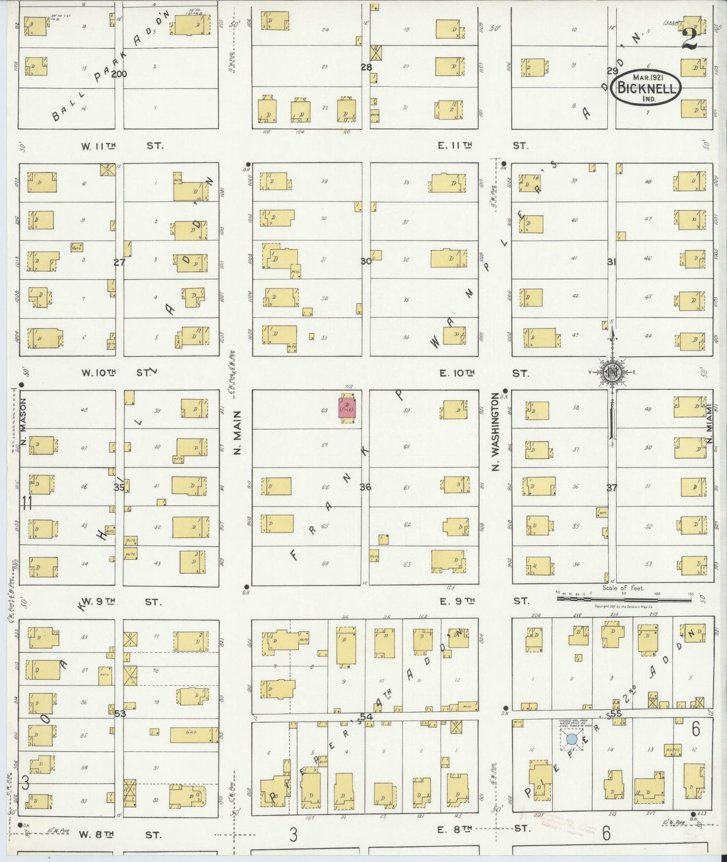 Sanborn Fire Insurance Map from Bicknell, Knox County, Indiana (1921), Sheet #0002 - Complete Map Set gallery image, historic Sanborn map, vintage wall art, Indiana Indiana