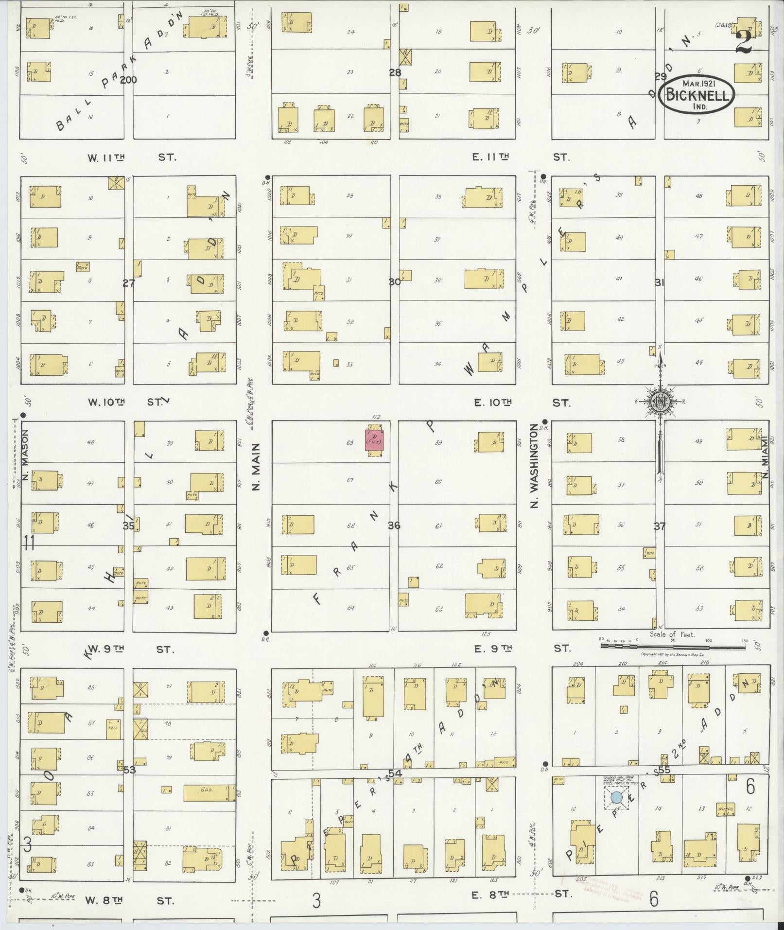 Sanborn Fire Insurance Map from Bicknell, Knox County, Indiana (1921), Sheet #0002 - Complete Map Set gallery image, historic Sanborn map, vintage wall art, Indiana Indiana