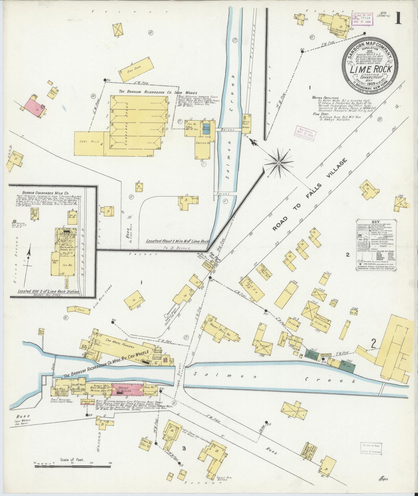 Sanborn Fire Insurance Map from Lime Rock, Litchfield County, Connecticut (1909), Sheet #0001 - Historic Sanborn Fire Insurance Map Print, vintage old map wall art, antique decor, genealogy gift, Connecticut Connecticut map