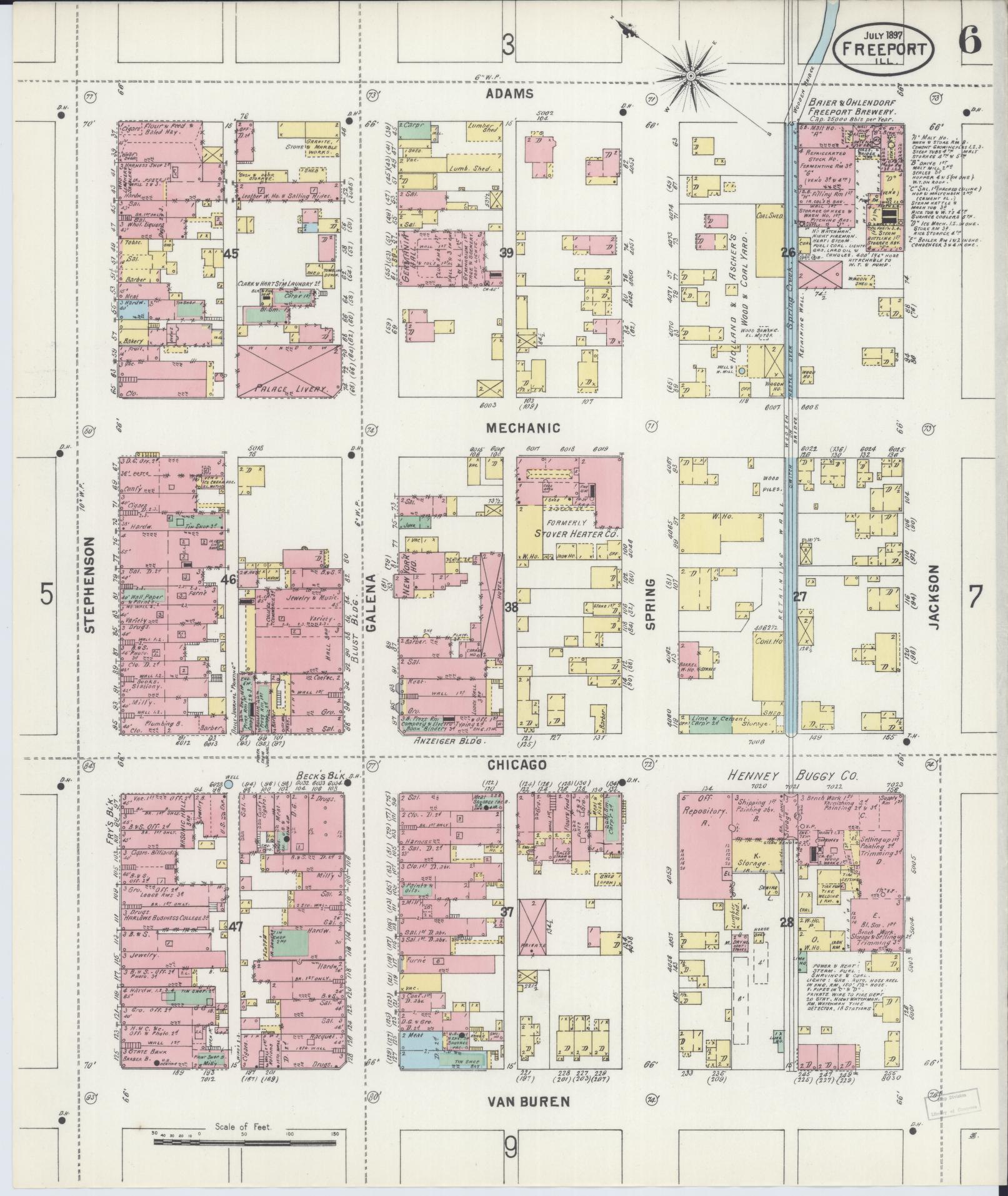 Sanborn Fire Insurance Map from Freeport, Stephenson County, Illinois (1897), Sheet #0006 - Historic Sanborn Fire Insurance Map Print, vintage old map wall art, antique decor, genealogy gift, Illinois Illinois map