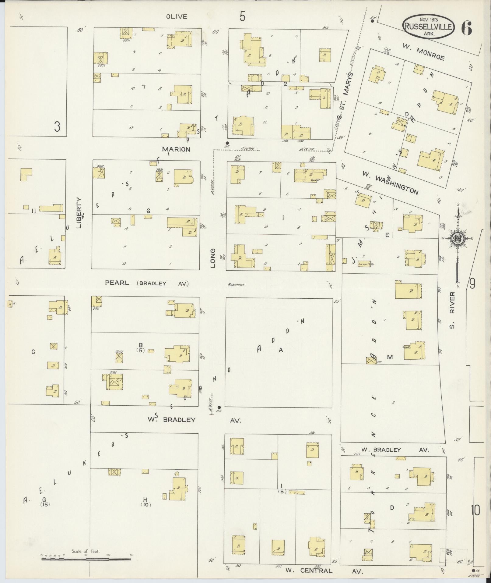 Sanborn Fire Insurance Map from Russellville, Pope County, Arkansas (1913), Sheet #0006 - Complete Map Set gallery image, historic Sanborn map, vintage wall art, Arkansas Arkansas