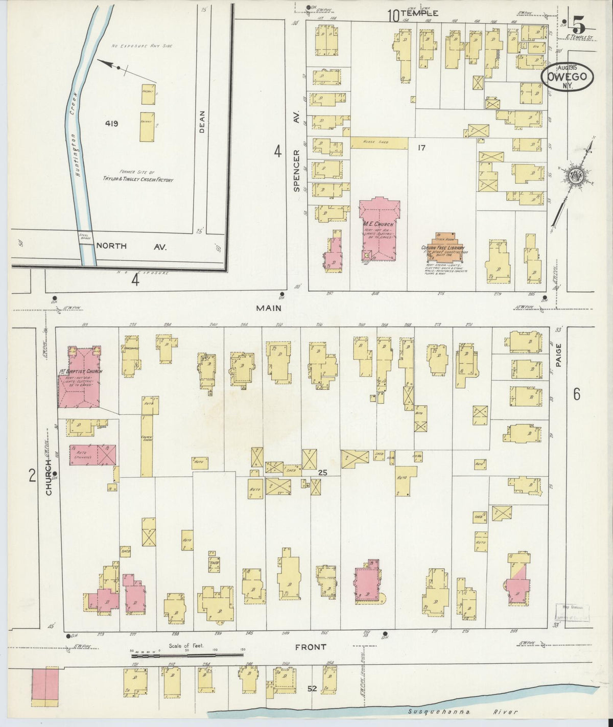 Sanborn Fire Insurance Map from Owego, Tioga County, New York (1915), Sheet #0005 - Historic Sanborn Fire Insurance Map Print, vintage old map wall art, antique decor, genealogy gift, New York New York map