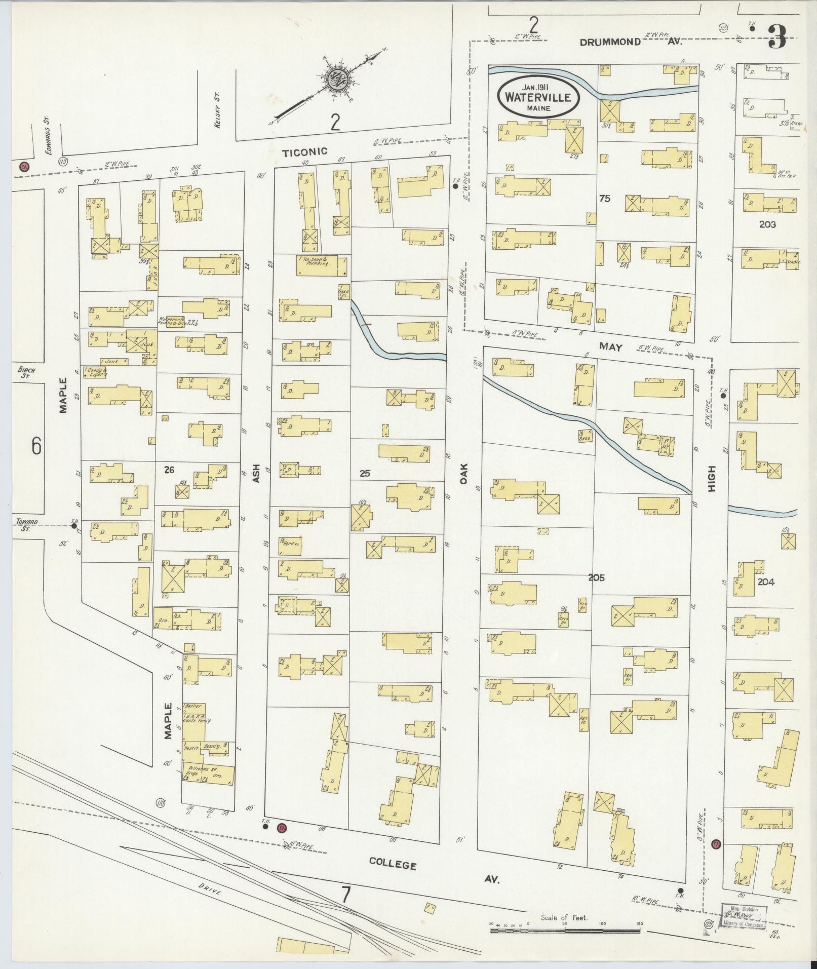 Sanborn Fire Insurance Map from Waterville, Kennebec County, Maine (1911), Sheet #0003 - Historic Sanborn Fire Insurance Map Print, vintage old map wall art, antique decor, genealogy gift, Maine Maine map