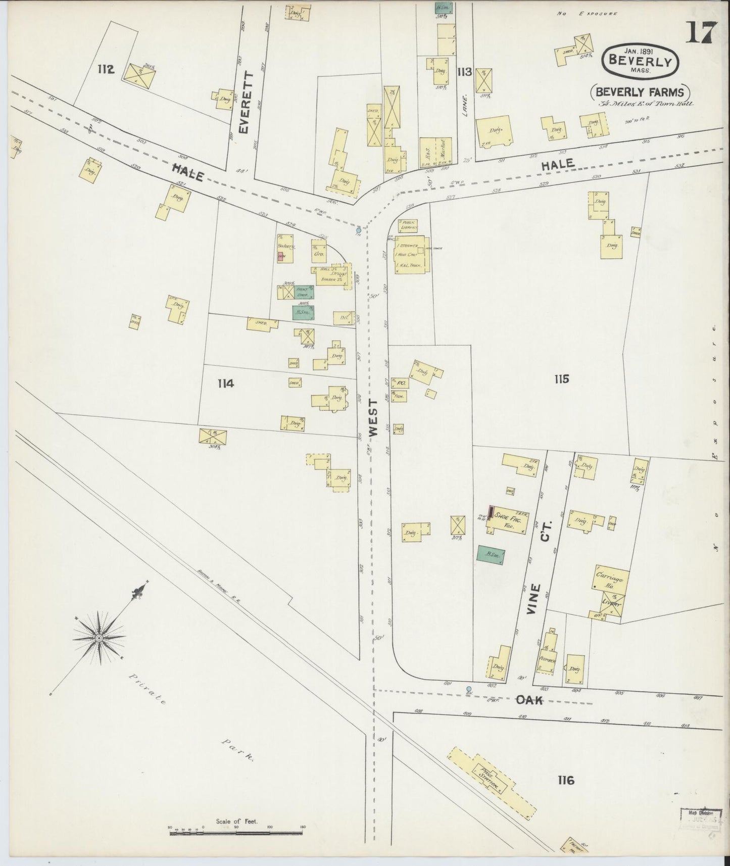 Sanborn Fire Insurance Map from Beverly, Essex County, Massachusetts (1891), Sheet #0017 - Historic Sanborn Fire Insurance Map Print, vintage old map wall art, antique decor, genealogy gift, Massachusetts Massachusetts map