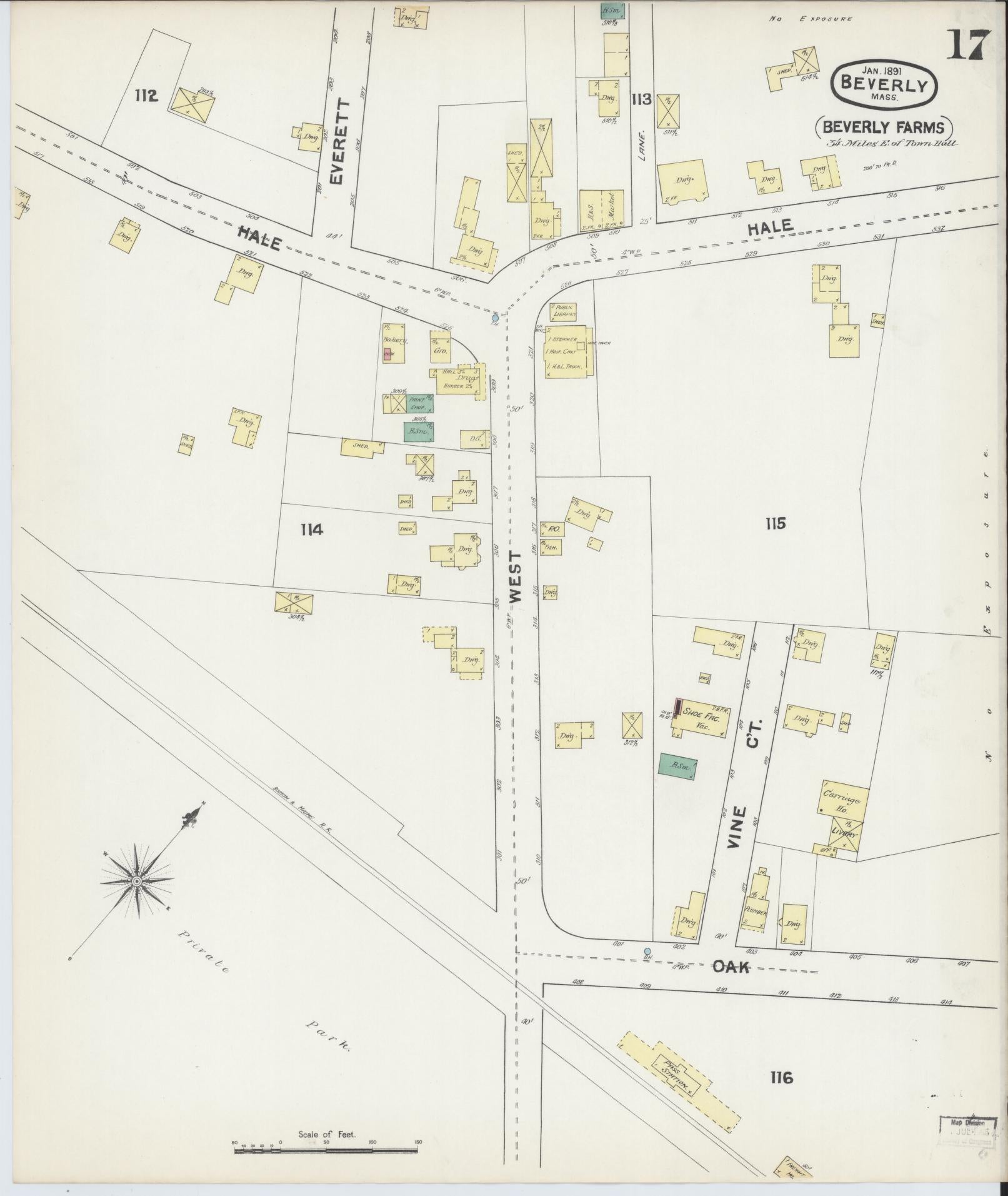 Sanborn Fire Insurance Map from Beverly, Essex County, Massachusetts (1891), Sheet #0017 - Historic Sanborn Fire Insurance Map Print, vintage old map wall art, antique decor, genealogy gift, Massachusetts Massachusetts map